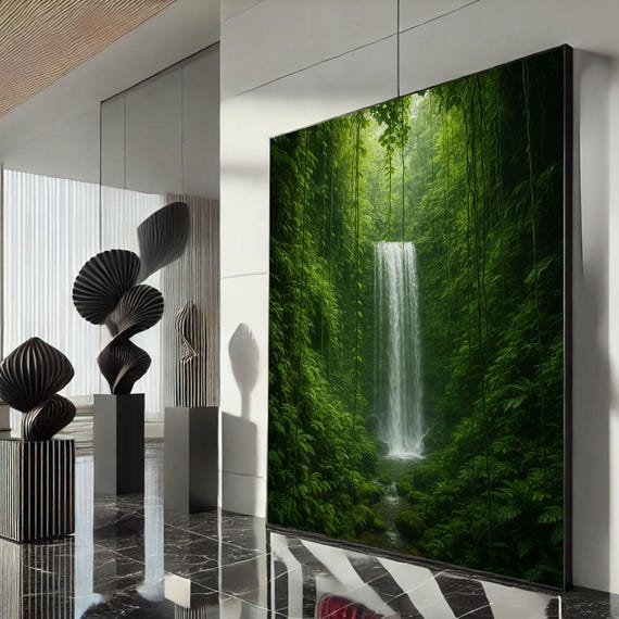 Serene Waterfall Jungle Canvas Wall Art Print Lush Green Living Room Decor Statement Piece For Nature Lovers