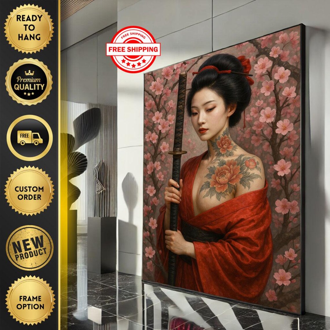 Geisha Warrior with Katana in Cherry Blossom Garden Art Poster
