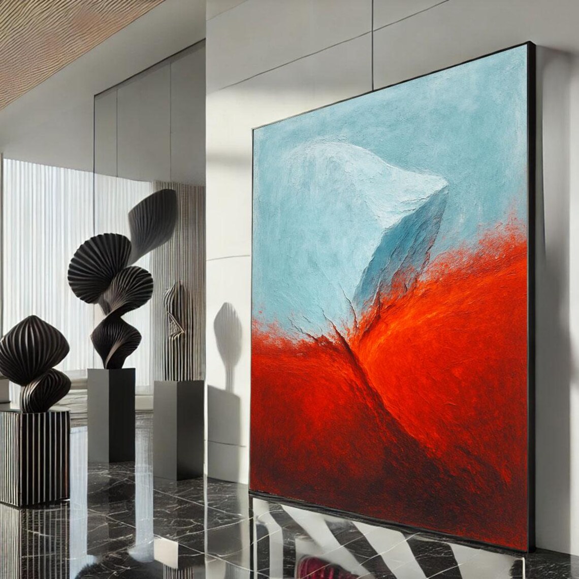 Abstract Red Blue Landscape Fire and Ice Textured Impasto Art Poster