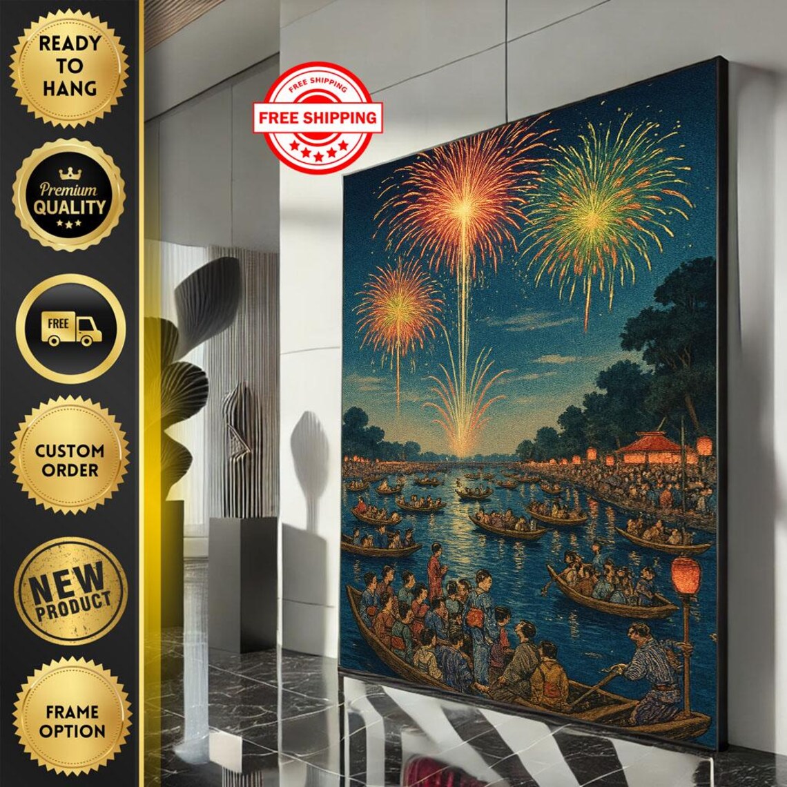 Japanese Fireworks Festival Over River With Boats Ukiyo Poster