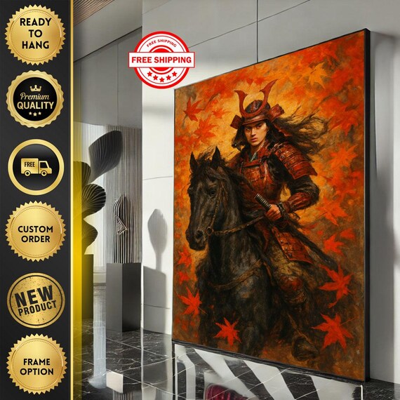 Samurai Woman Warrior On Black Horse Autumn Maple Bold Wall Art