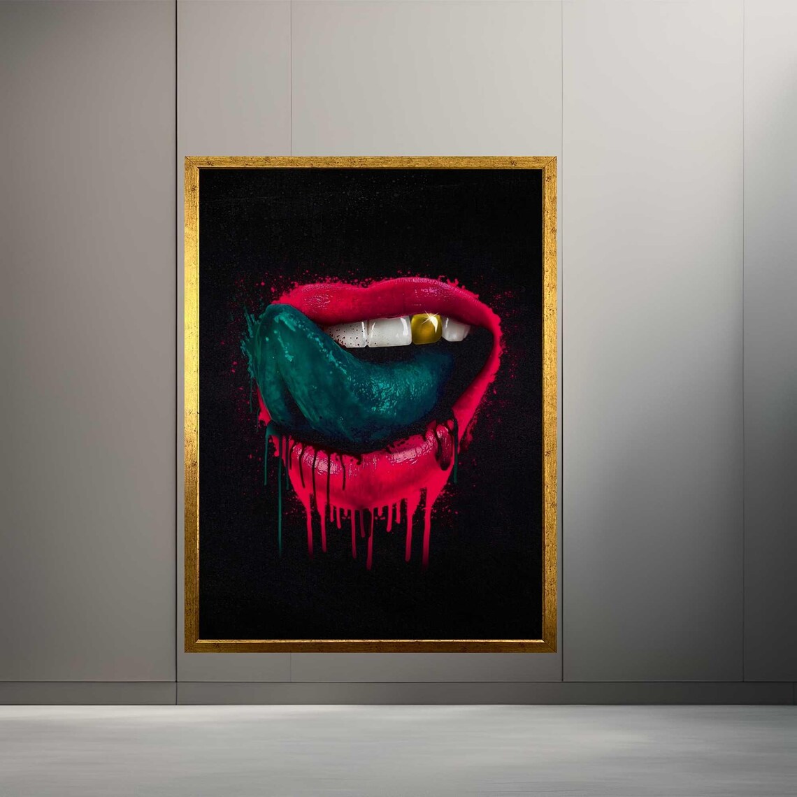 Bold Red Lips with Teal Tongue and Gold Tooth Dripping Art Poster