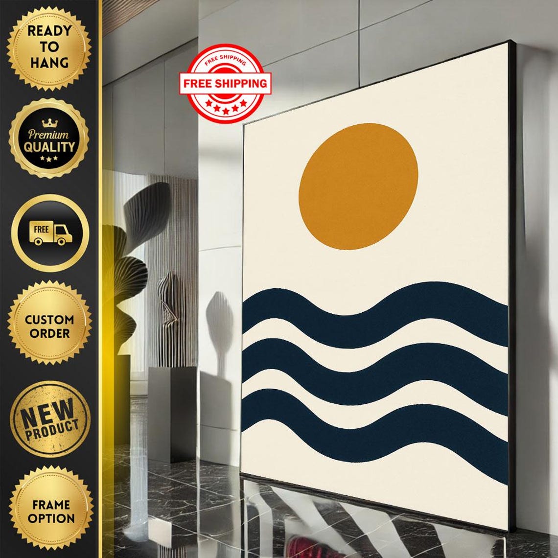 Minimalist Sun and Waves Mid Century Modern Abstract Art Poster