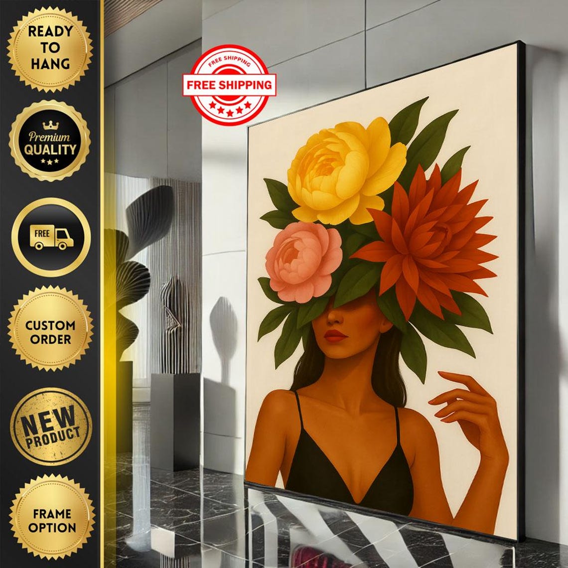 Boho Woman With Blooming Flower Crown Portrait Art Decor Poster