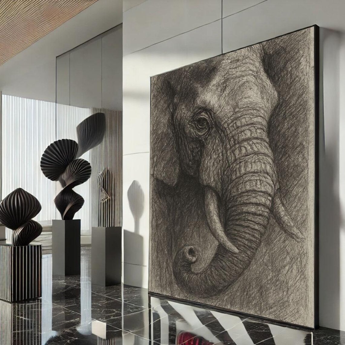 Elephant Portrait Charcoal Sketch Black And White Wildlife Art Poster