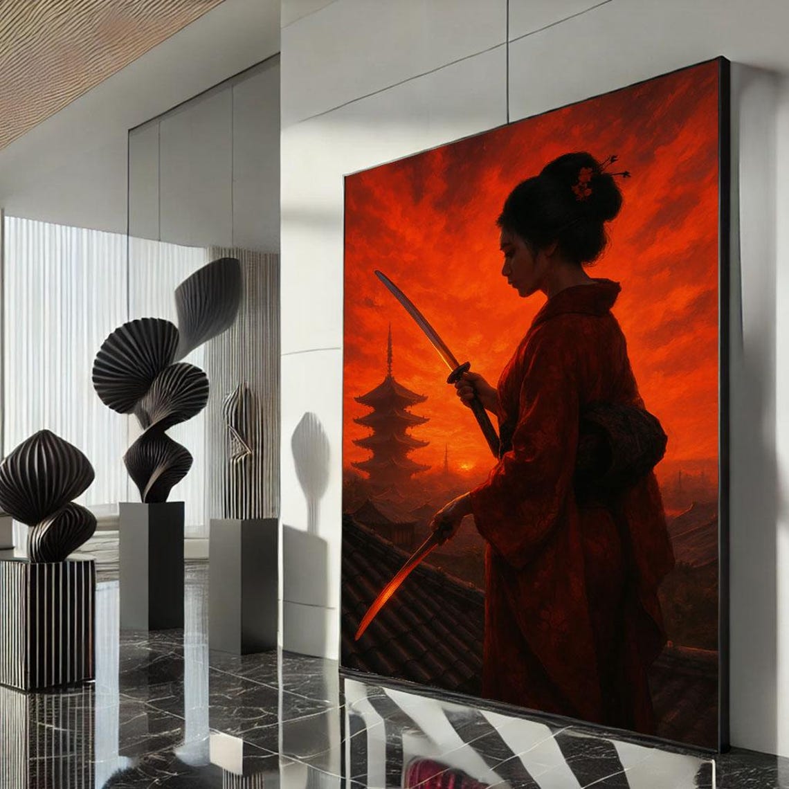 Samurai Woman Katana Rooftop Red Crimson Sunset Pagoda Poster