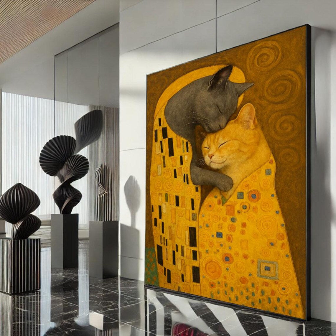 Golden Cat Couple Embrace Klimt Style Kiss Painting Cats Poster