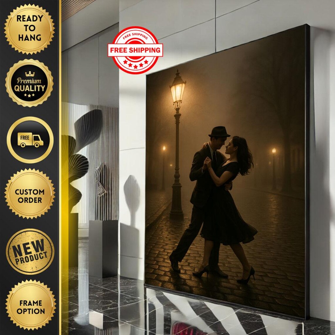 Romantic Couple Dancing in a Misty Lamplit Street Vintage Poster