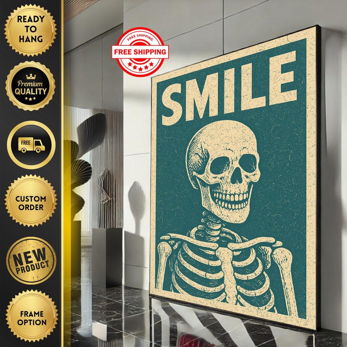 Smile Bold Retro Skeleton Skull Vintage Grunge Typography Wall Art