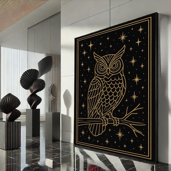 Mystical Owl Illustration Canvas Wall Art Print Black And Gold Living Room Decor Statement Piece