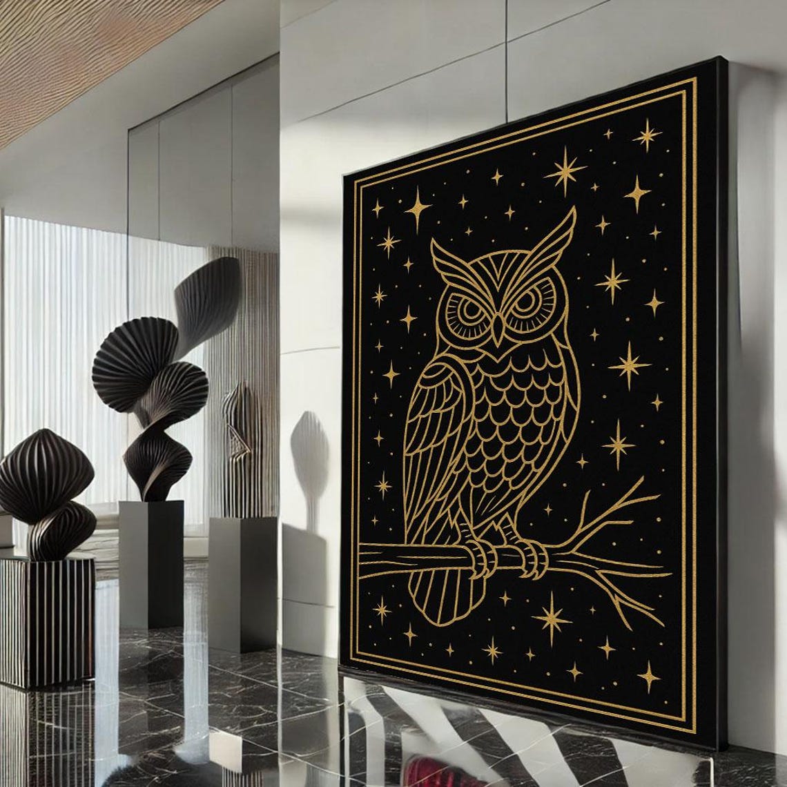 Mystical Owl Illustration Canvas Wall Art Print Black And Gold Living Room Decor Statement Piece