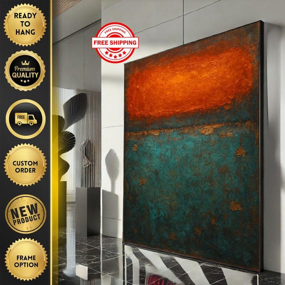Mark Rothko Inspired Orange And Teal Canvas Bold Color Field Painting For Modern Living Room Decor Ready To Hang