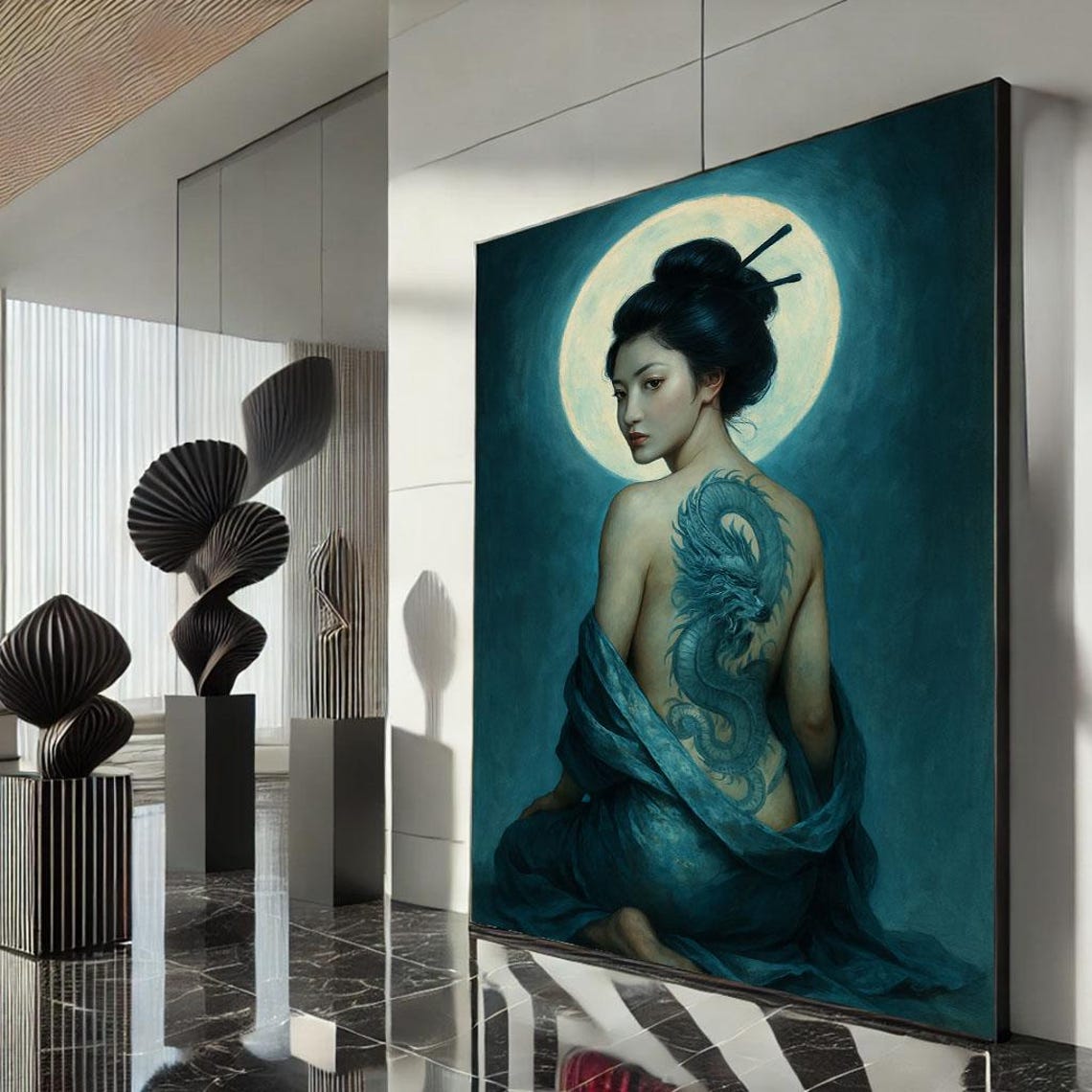 Blue Night Dragon Back Tattoo Woman Moonlight Teal Kimono Poster
