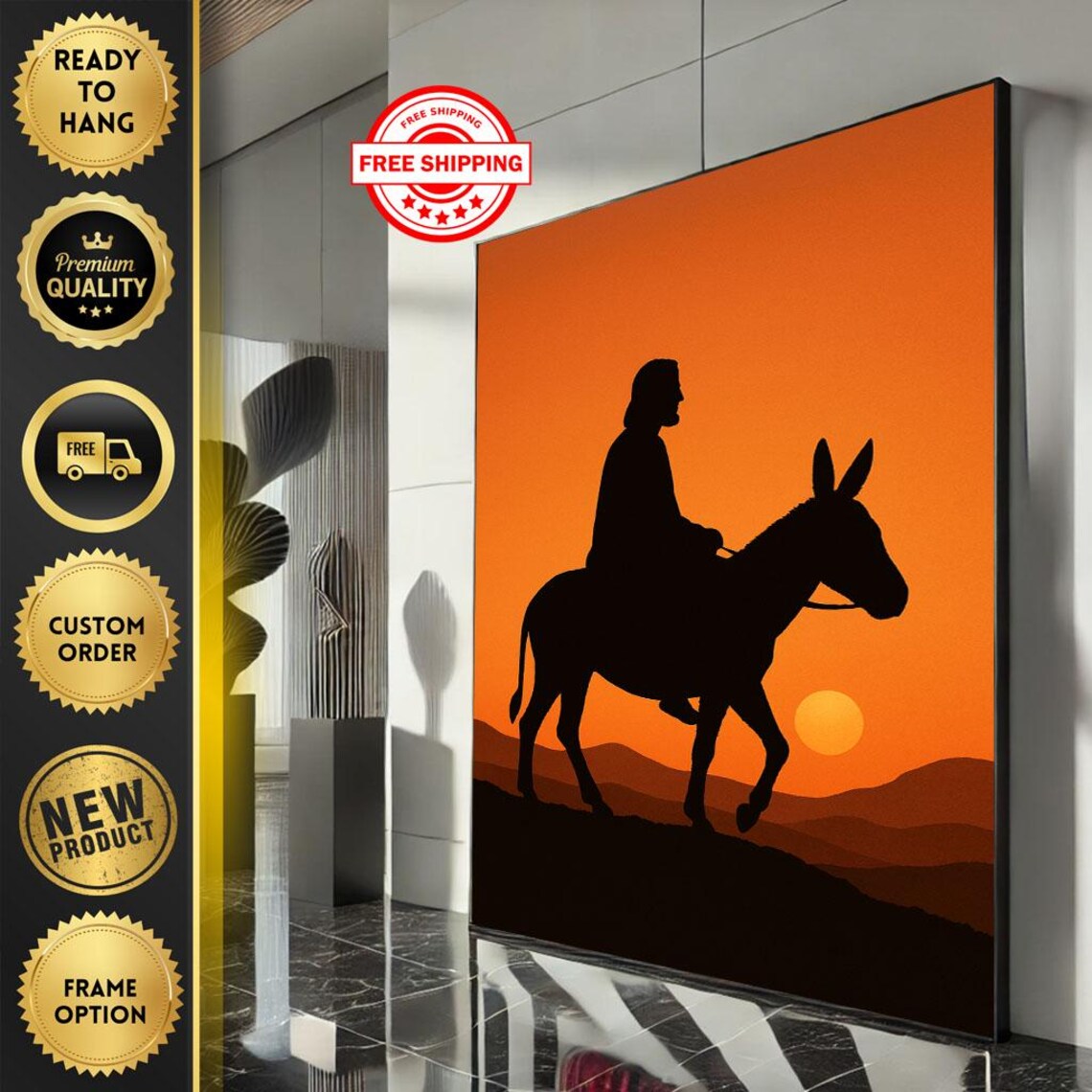Silhouette Of Rider On Donkey At Orange Desert Sunset Poster