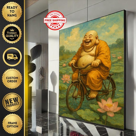 Happy Buddha On Bicycle Canvas Wall Art Print Whimsical Asian Style Living Room Decor Ready To Hang