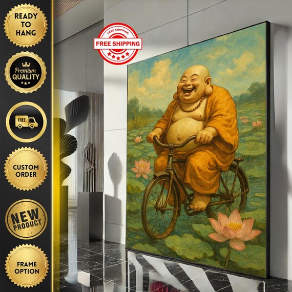 Joyful Laughing Buddha Cycling Lotus Pond Oil Painting Poster