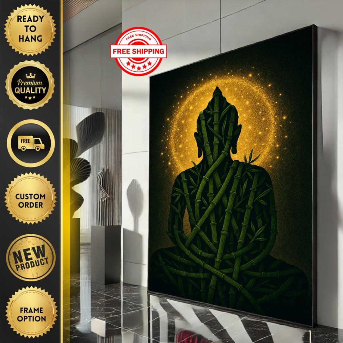 Bamboo Buddha Silhouette Golden Halo Zen Meditation Art Poster