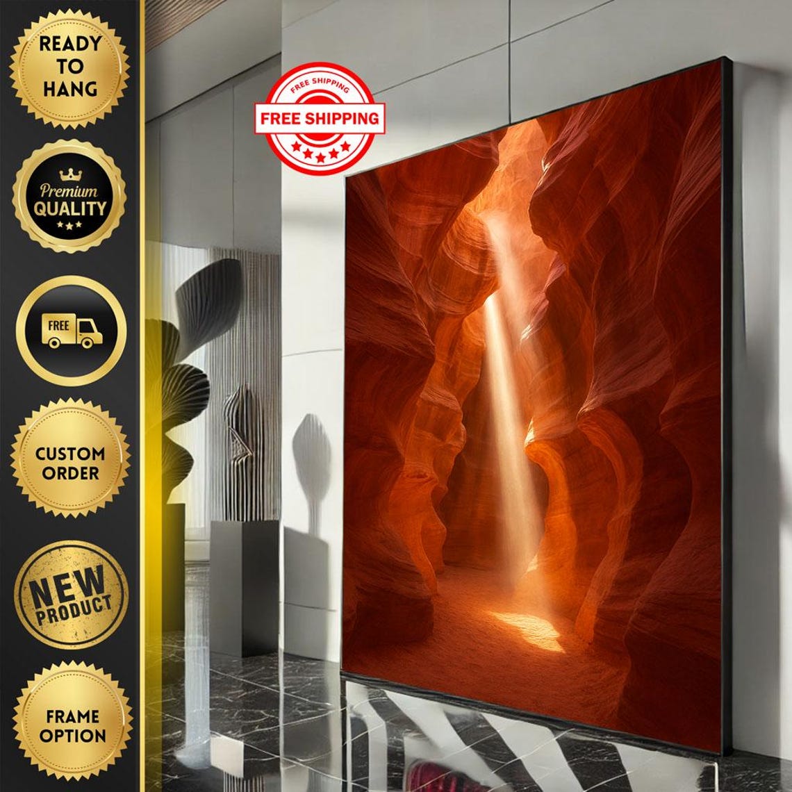 Desert Slot Canyon Light Beam Warm Sandstone Glow Art Poster