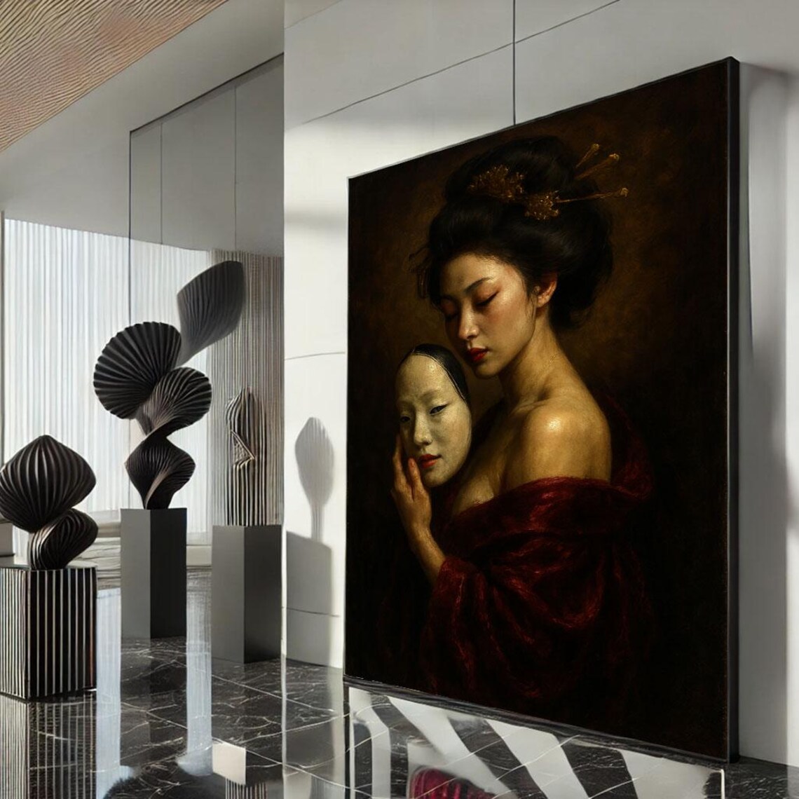 Geisha Holding White Noh Mask Red Kimono Dark Baroque Oil Poster