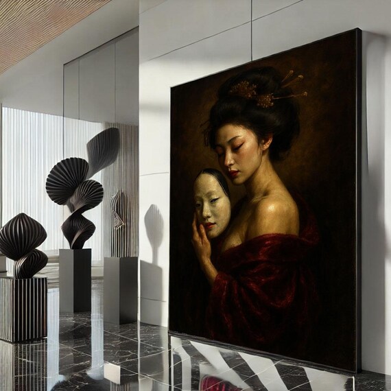Geisha Holding White Noh Mask Red Kimono Dark Baroque Oil Poster