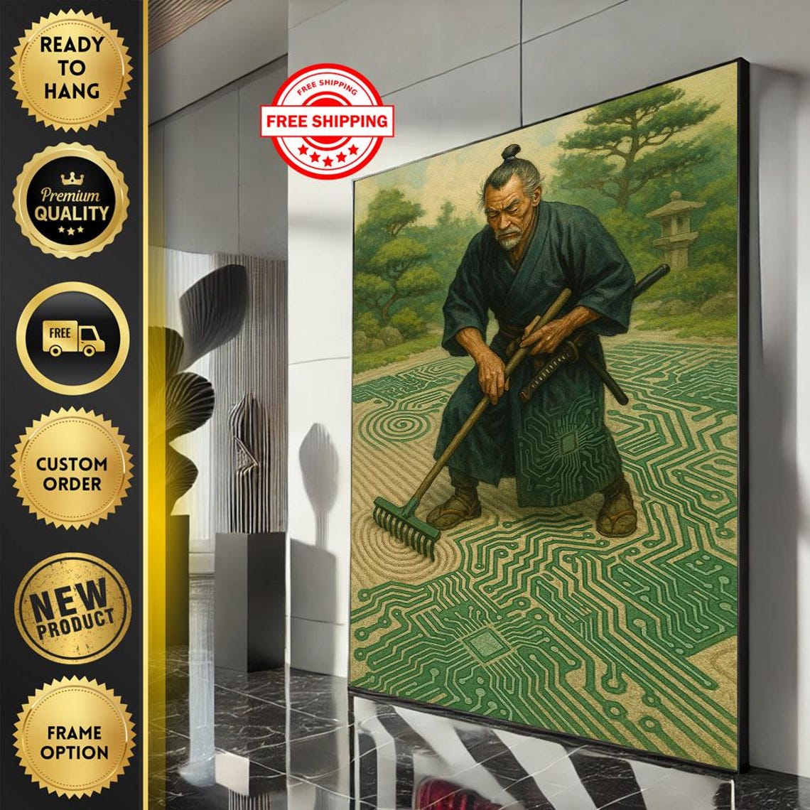 Elder Samurai Zen Garden Circuit Board Rake Tech Meets Calm Poster