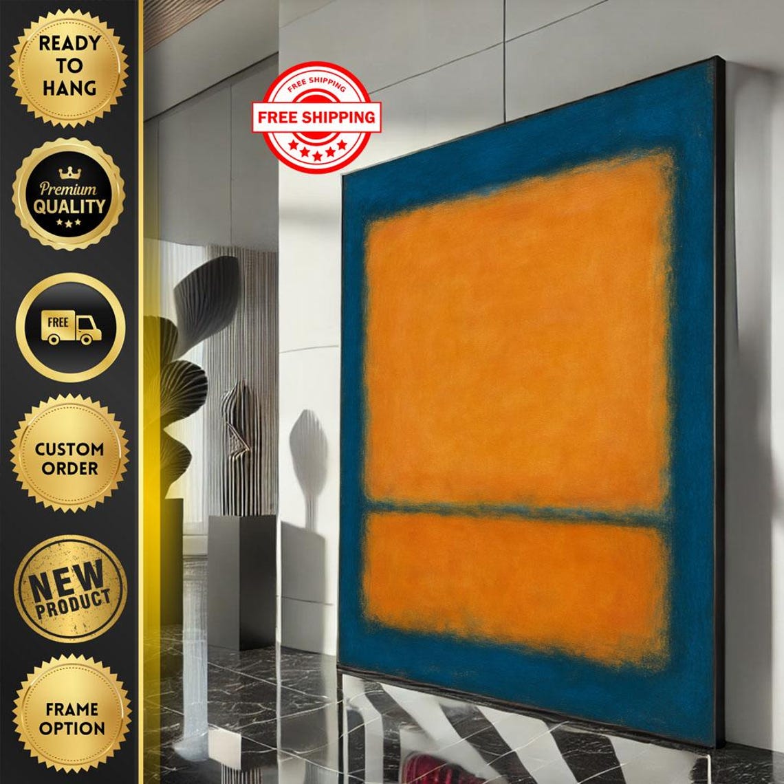 Rothko-Inspired Deep Blue and Orange Abstract Color Field Poster