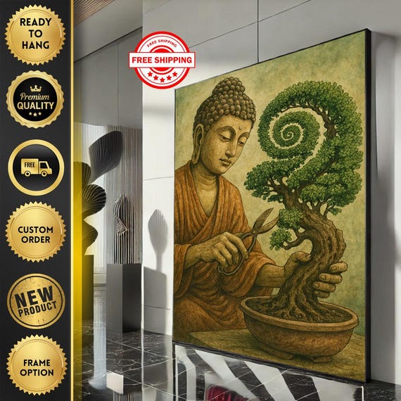 Serene Buddha Pruning Bonsai Canvas Wall Art Print Zen Living Room Decor Ready To Hang
