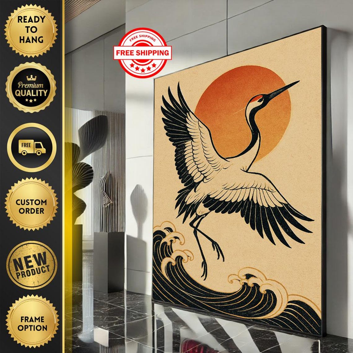 Red Crowned Crane Sunset Japanese Woodblock Style Art Poster