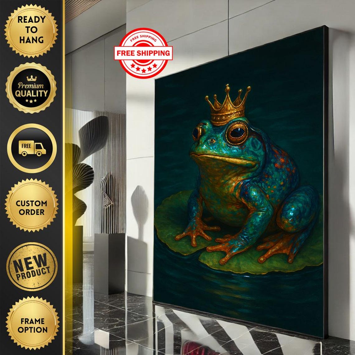 Enchanting Crowned Frog King on Lily Pad Jewel Tone Art Poster