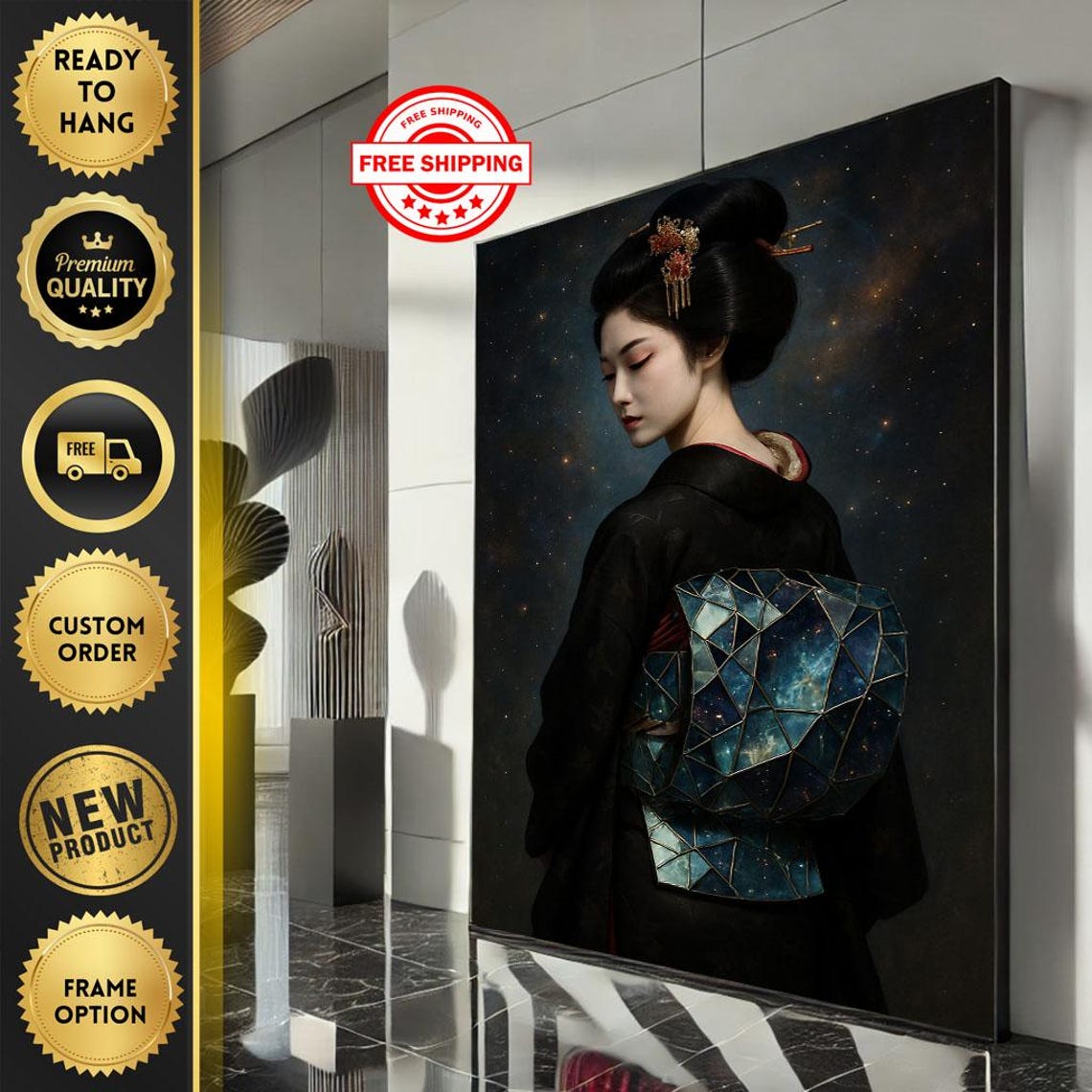 Elegant Japanese Woman Stained Glass Galaxy Kimono Artwork Print