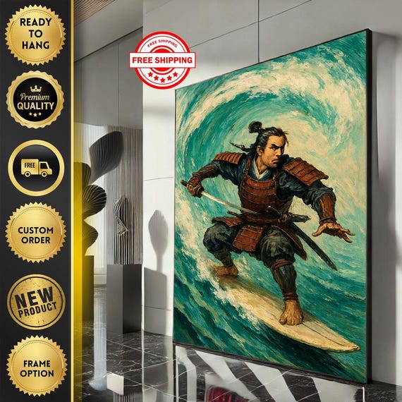 Graceful Samurai Surfer Canvas Wall Art Print Bold Japanese Warrior In Ocean Wave Living Room Decor Statement Piece