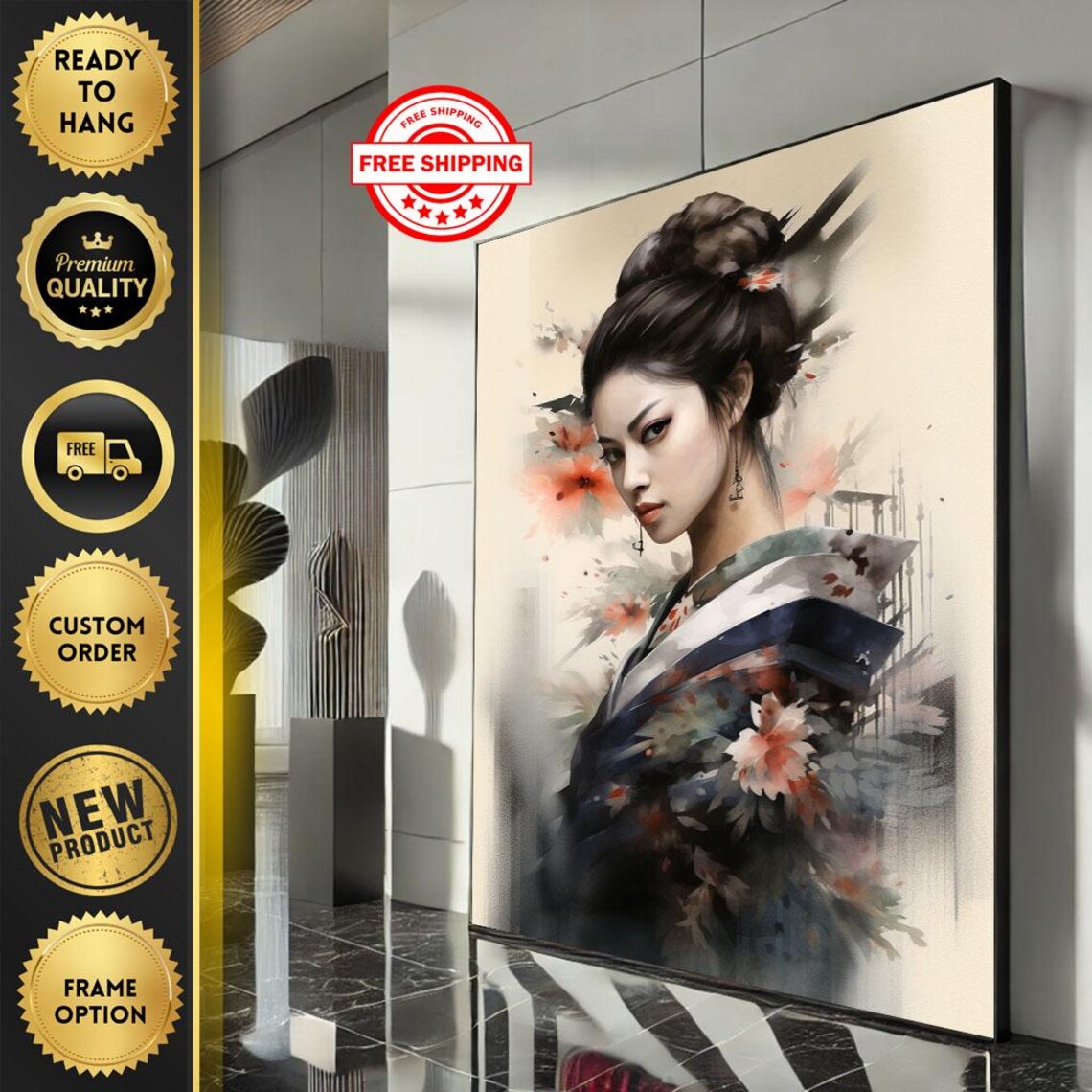 Graceful Geisha Watercolor Portrait Dark Floral Kimono Dreamy Blush Art Poster
