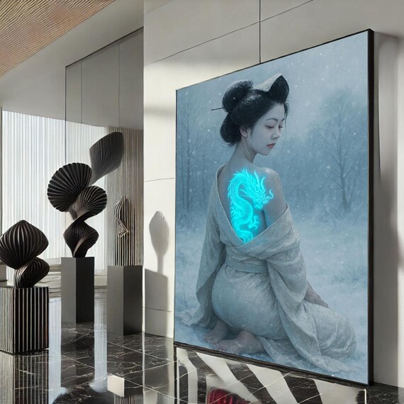 Kneeling Glowing Dragon Tattoo Geisha Snowy Forest Winter Poster