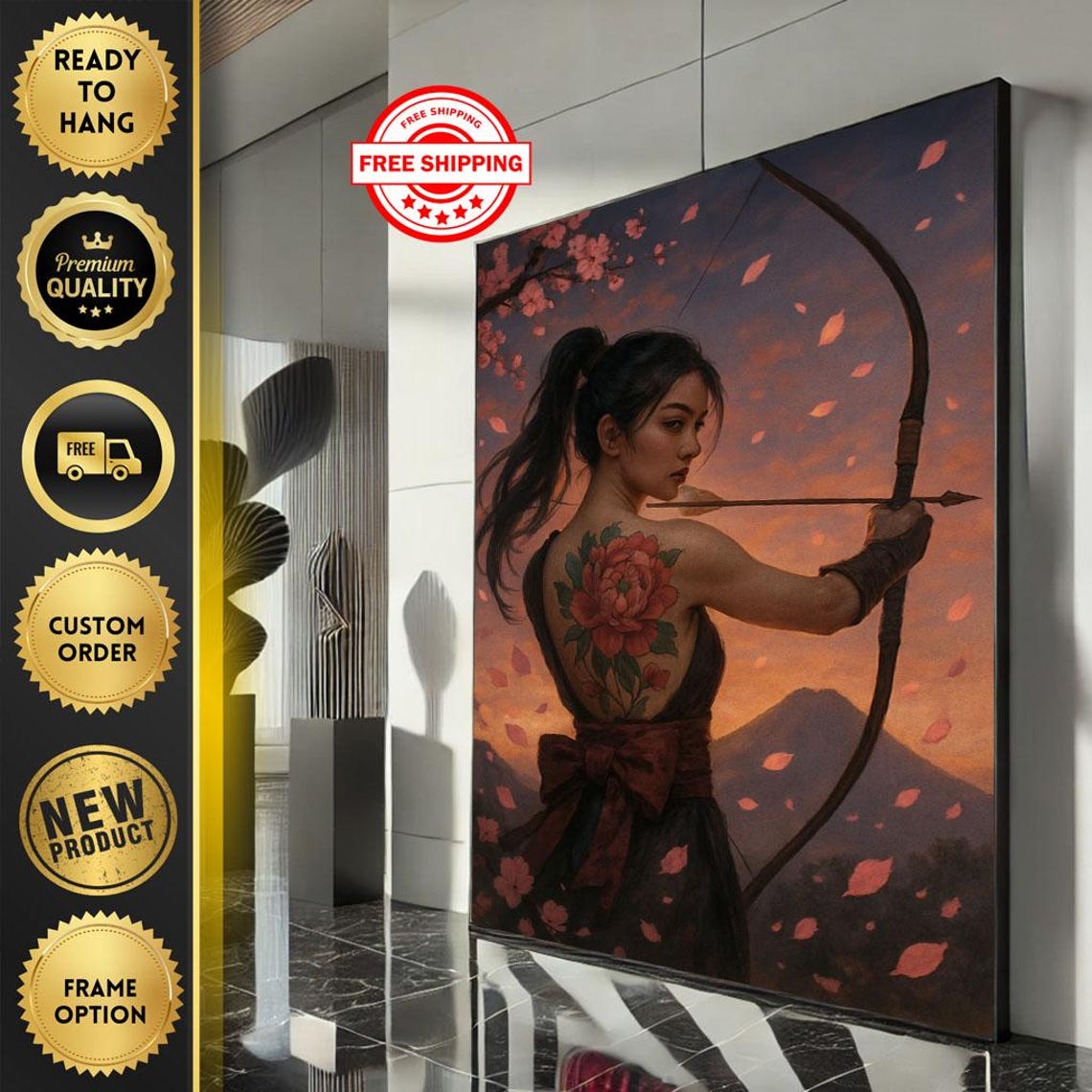 Female Archer Drawing Longbow at Sunset with Mount Fuji Poster
