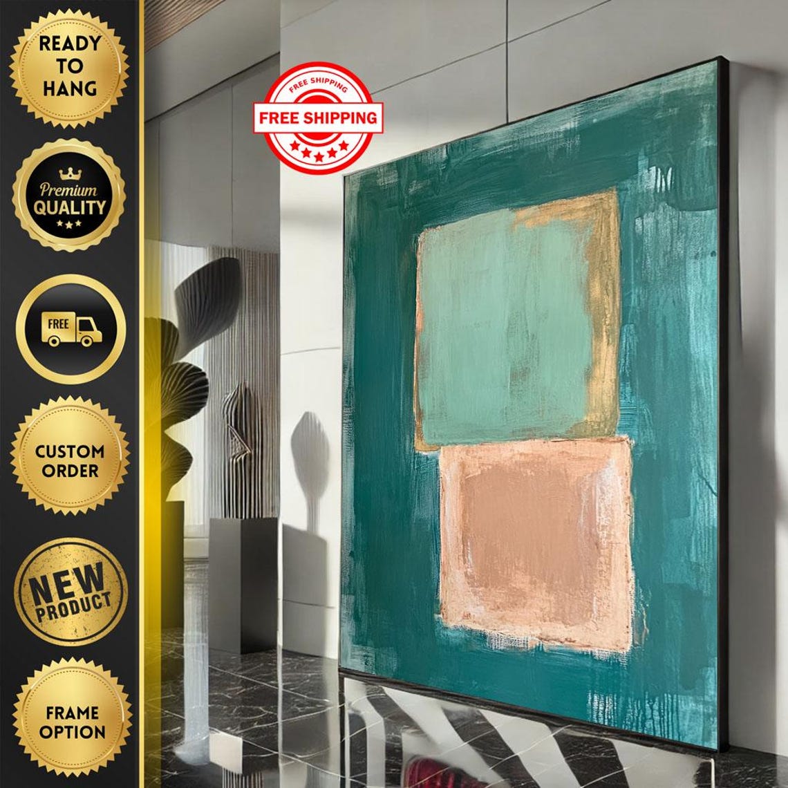 Rothko Inspired Teal and Beige Stacked Blocks Abstract Poster
