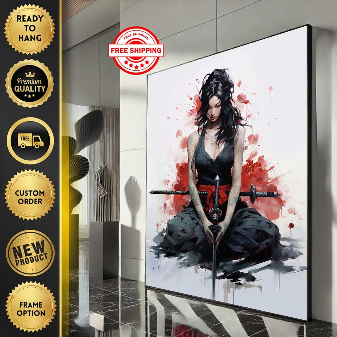 Dark Samurai Woman Canvas Wall Art Print Bold Modern Living Room Decor Ready To Hang