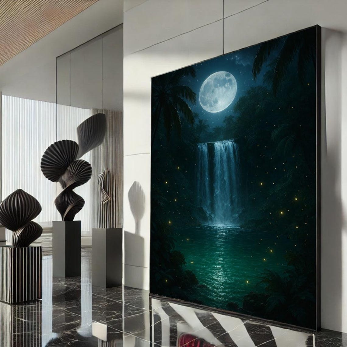 Giant Full Moon Waterfall with Fireflies Tropical Night Poster