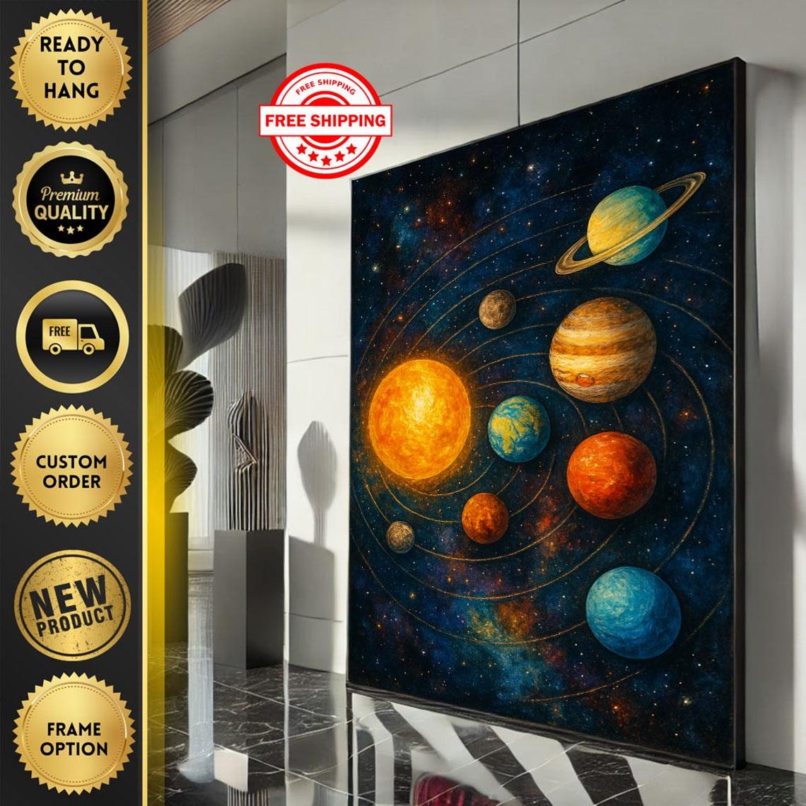 Vibrant Solar System Planets Orbiting the Sun Cosmic Art Poster