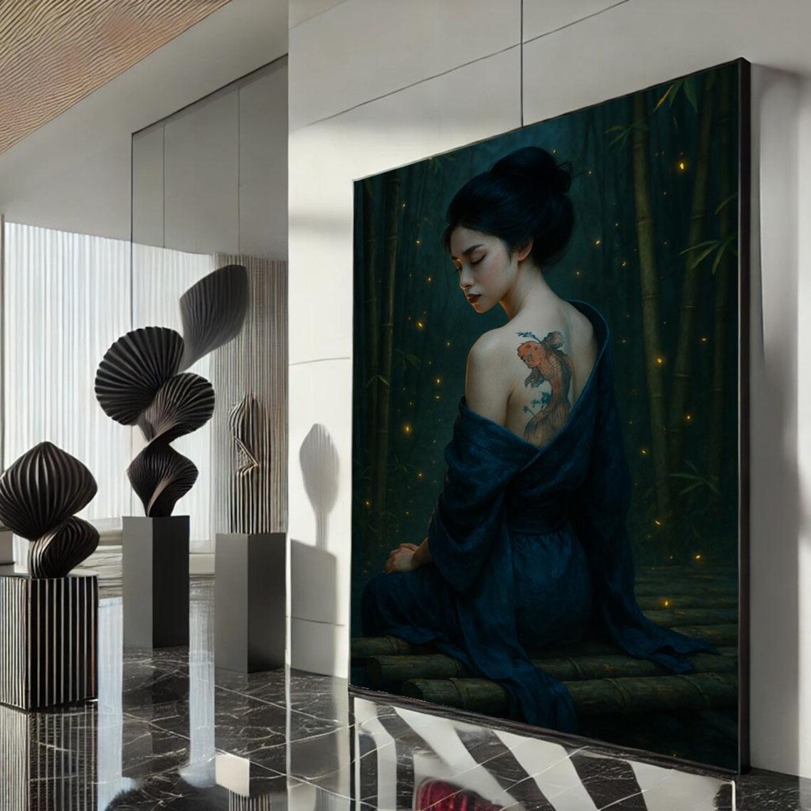 Seated Geisha Koi Tattoo Firefly Bamboo Night Blue Kimono Poster
