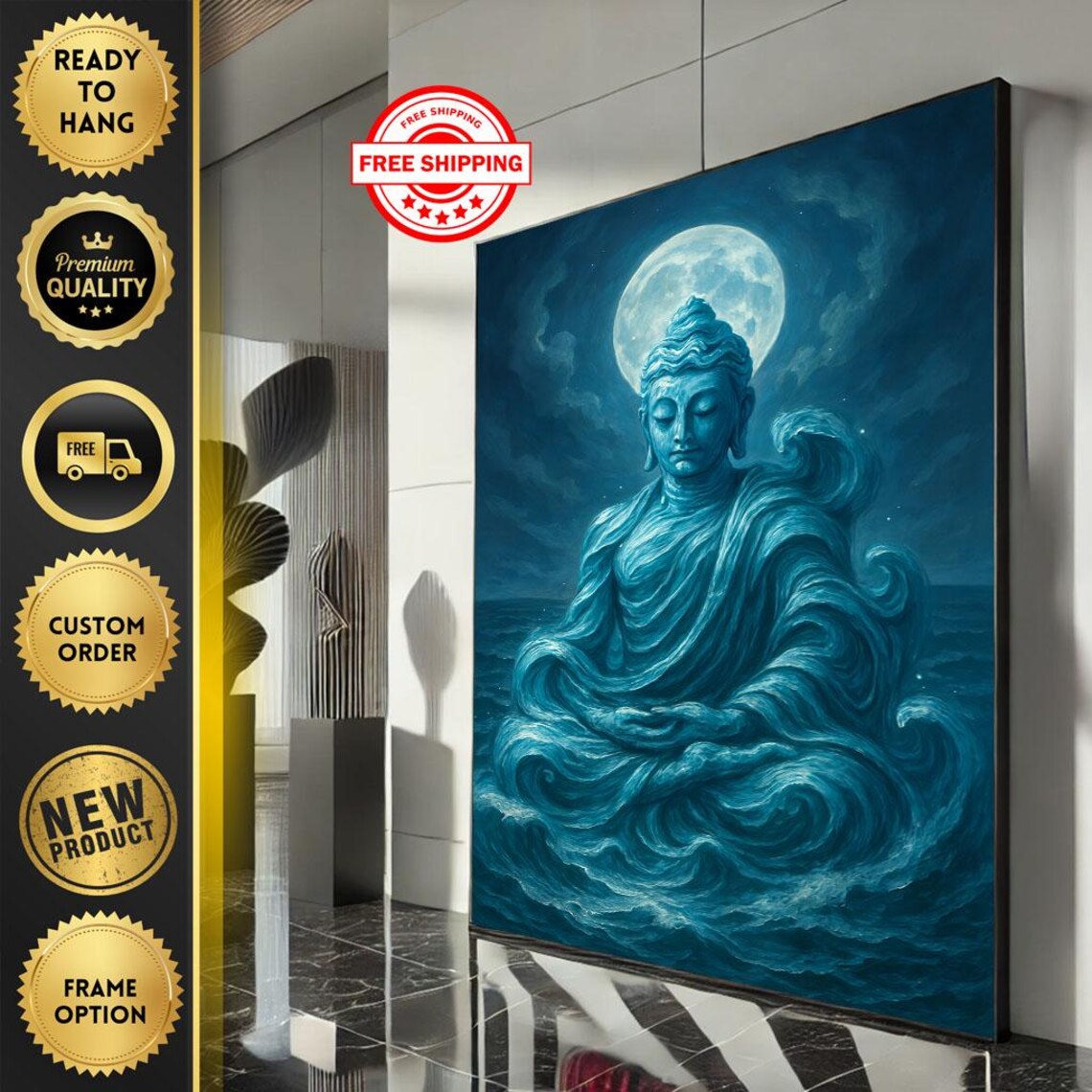 Blue Ocean Wave Buddha Full Moon Night Meditation Art Poster