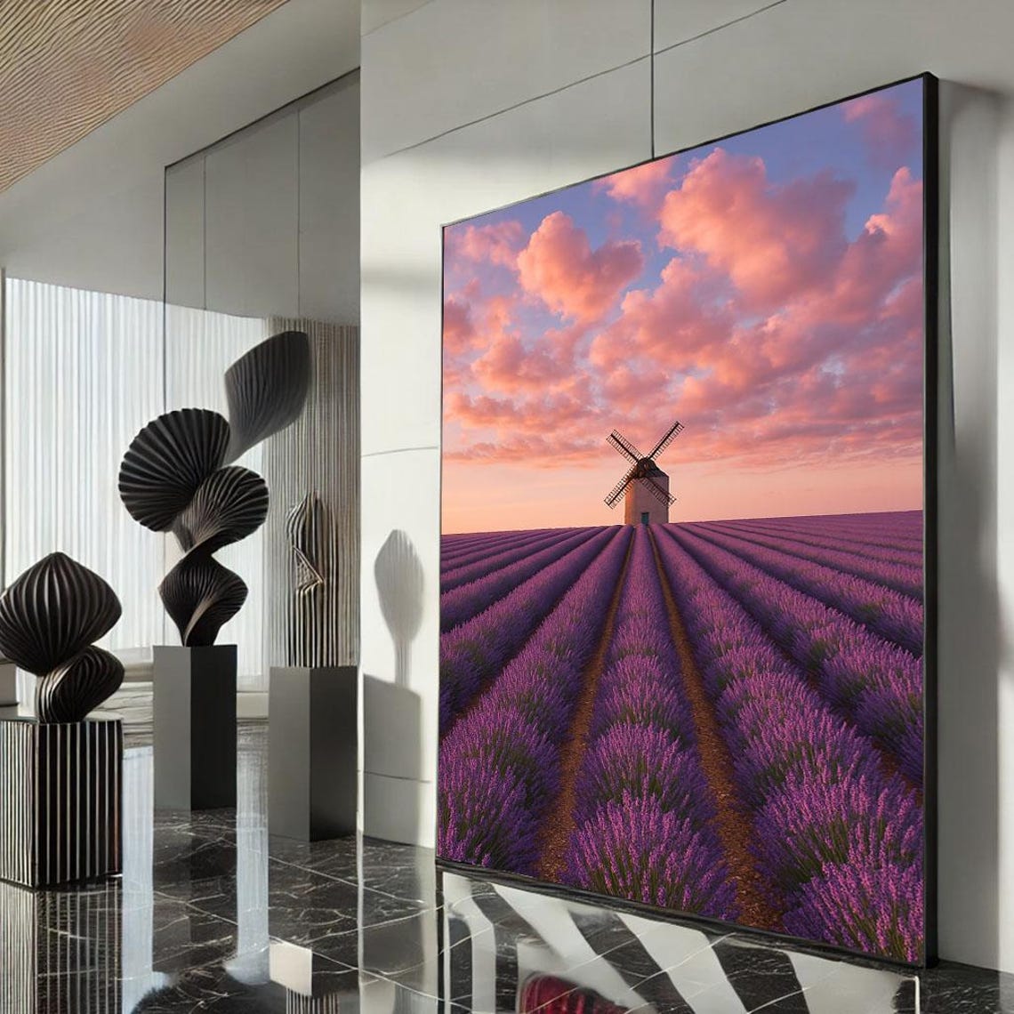 Lavender Field Rows Windmill Sunset Pink Cloud Serene Bloom Poster