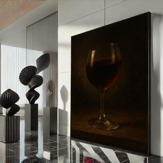 Red Wine Glass Moody Oil Painting Dark Elegant Still Life Poster