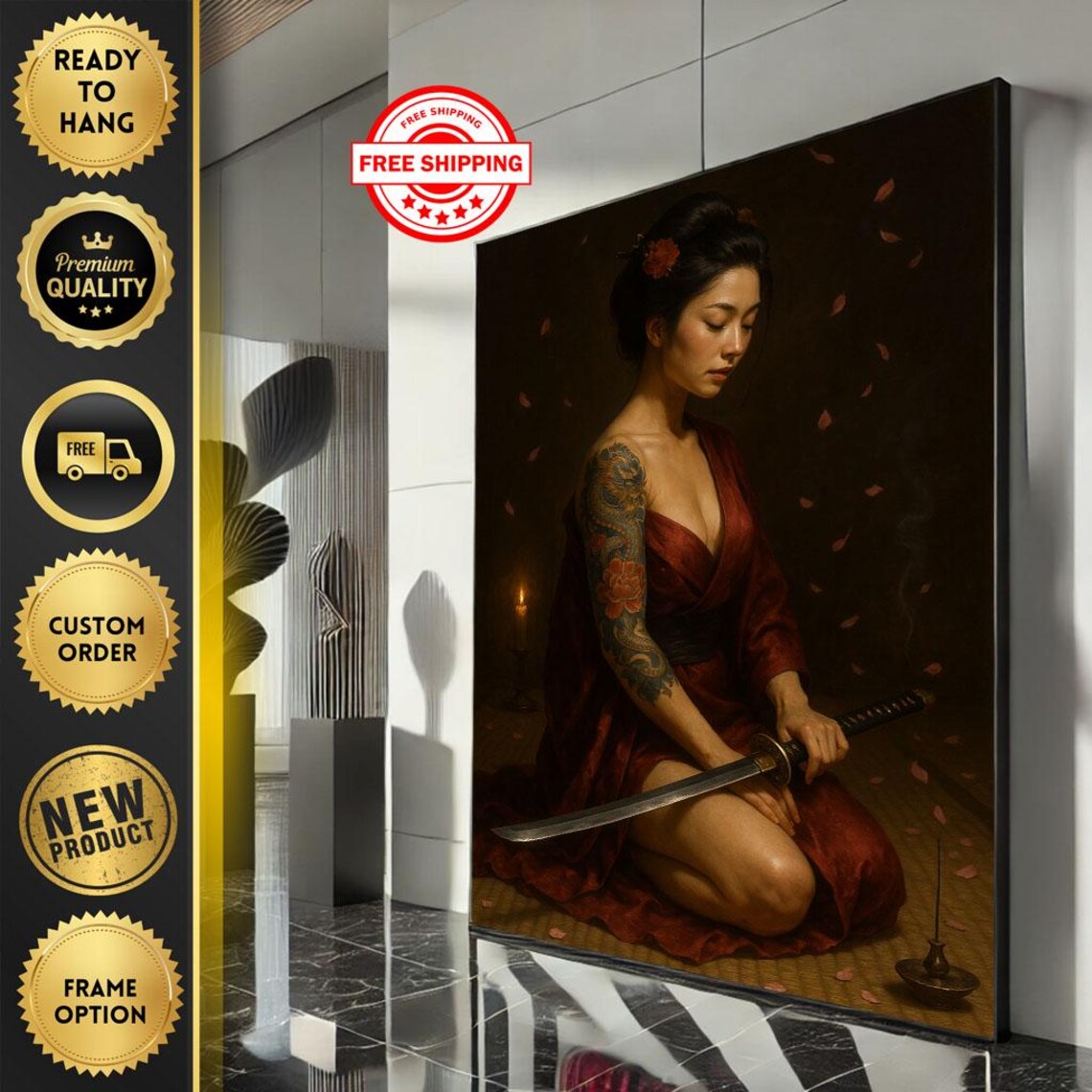 Kneeling Samurai Woman Red Robe Katana Tattoo Painting Poster