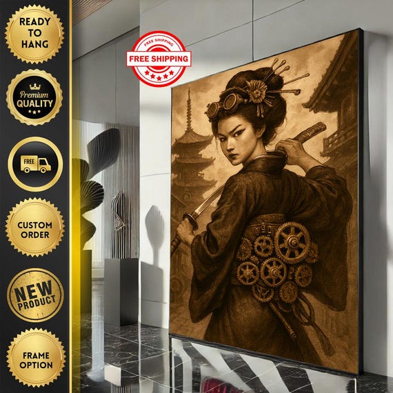 Steampunk Samurai Woman Canvas Wall Art Print Sepia Tone Living Room Decor Ready To Hang