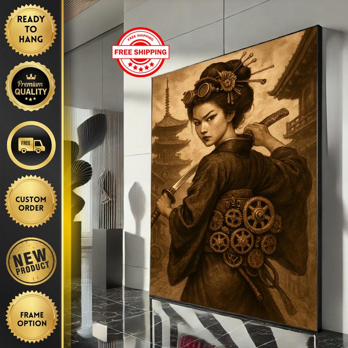 Steampunk Samurai Woman Canvas Wall Art Print Sepia Tone Living Room Decor Ready To Hang