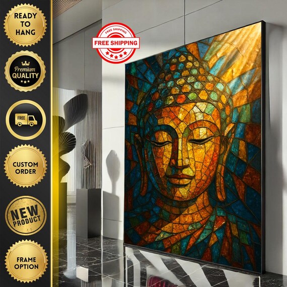 Buddha Face Mosaic Stained Glass Colorful Spiritual Portrait Poster