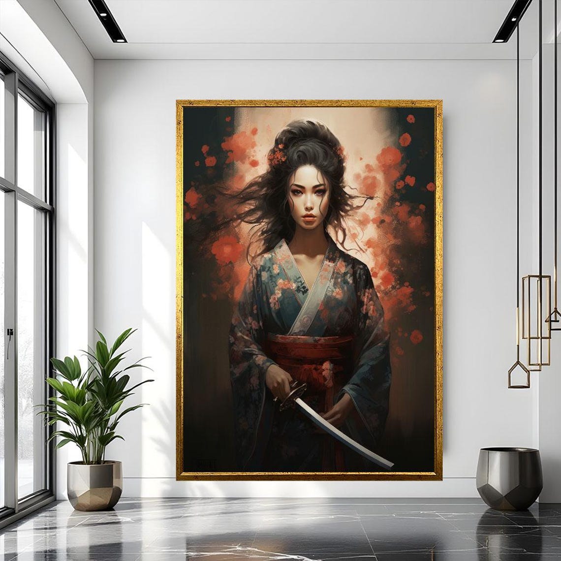 Dramatic Samurai Woman with Katana Amid Crimson Petals Poster