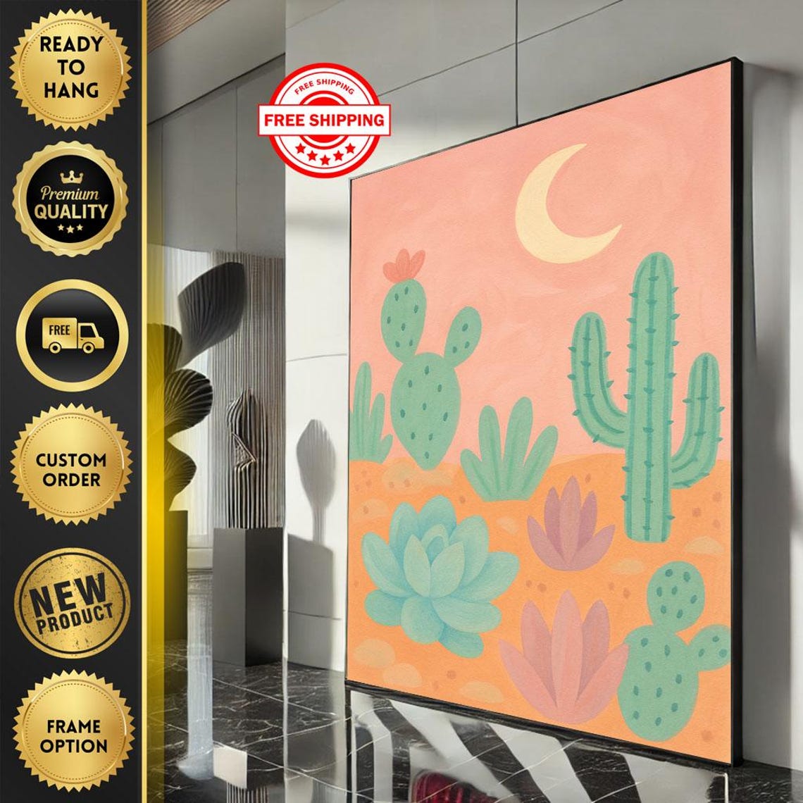 Boho Desert Cactus and Succulents Under Crescent Moon Poster