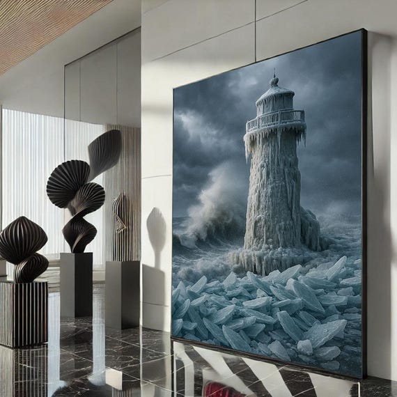 Frozen Lighthouse Coastal Canvas Wall Art Print Dramatic Seascape Living Room Decor Ready To Hang