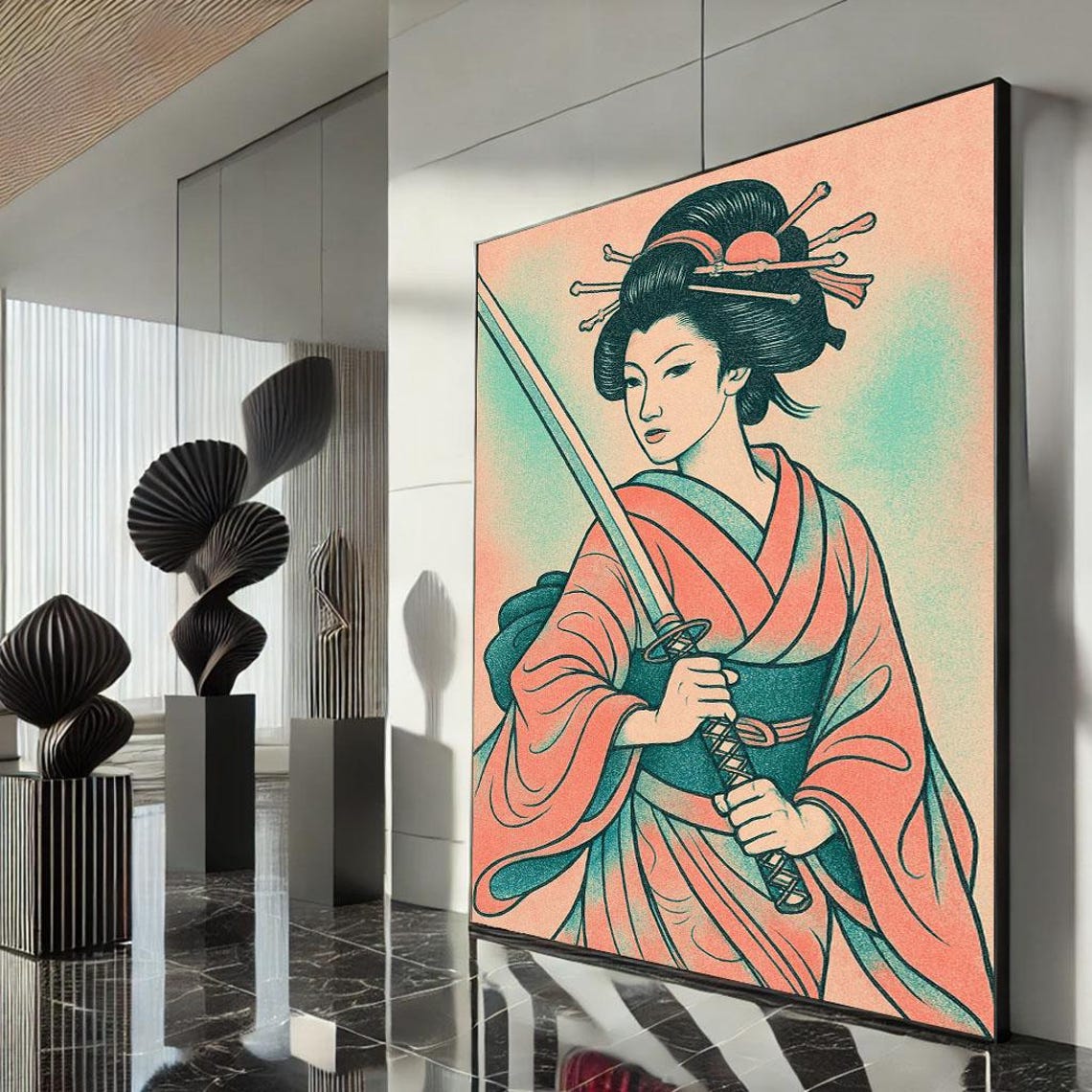 Samurai Woman Katana Coral Kimono Retro Ukiyo-e Style Poster
